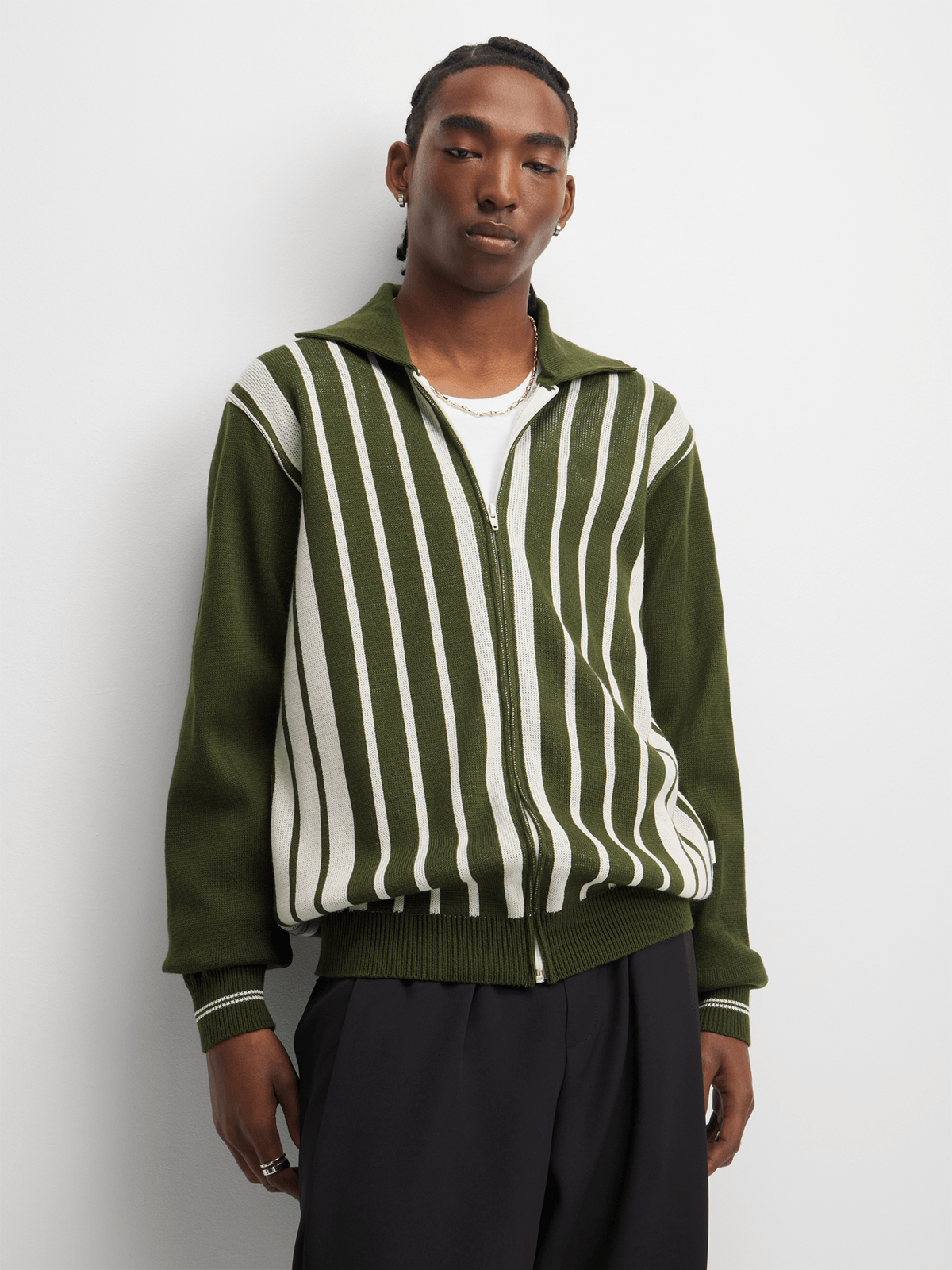 YARNS Luxury Resort Knitted Stripe Zip Through Cardigan - Green/Cream