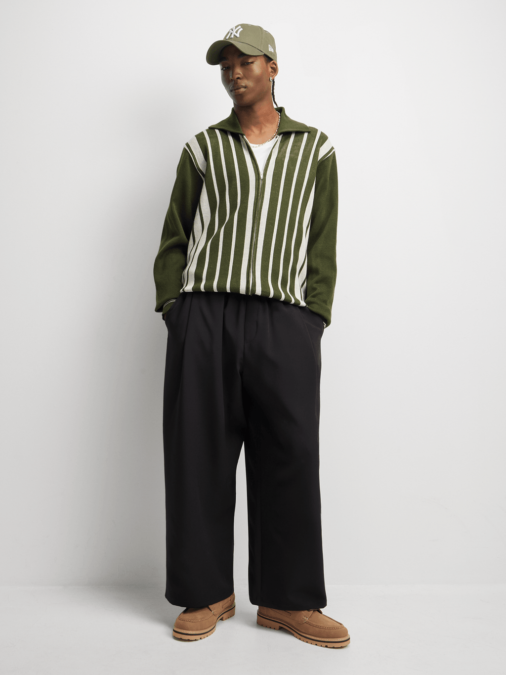 YARNS Luxury Resort Knitted Stripe Zip Through Cardigan - Green/Cream