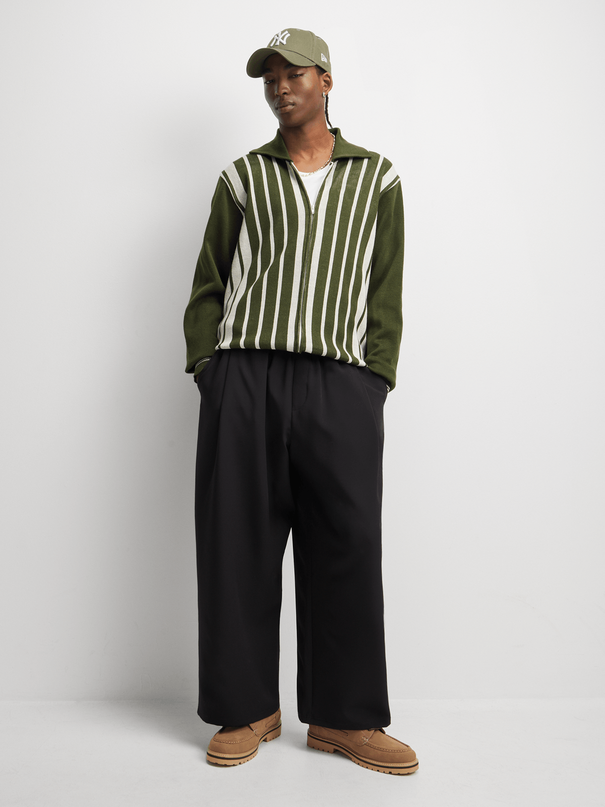 YARNS Luxury Resort Knitted Stripe Zip Through Cardigan - Green/Cream